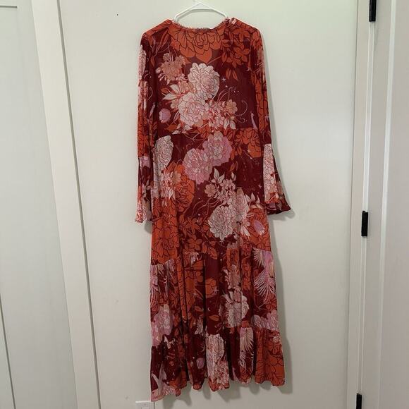 Free People Moroccan Roll Maxi Dress M Orange Red Flowers Boho No Slip Flaw - Picture 7 of 10